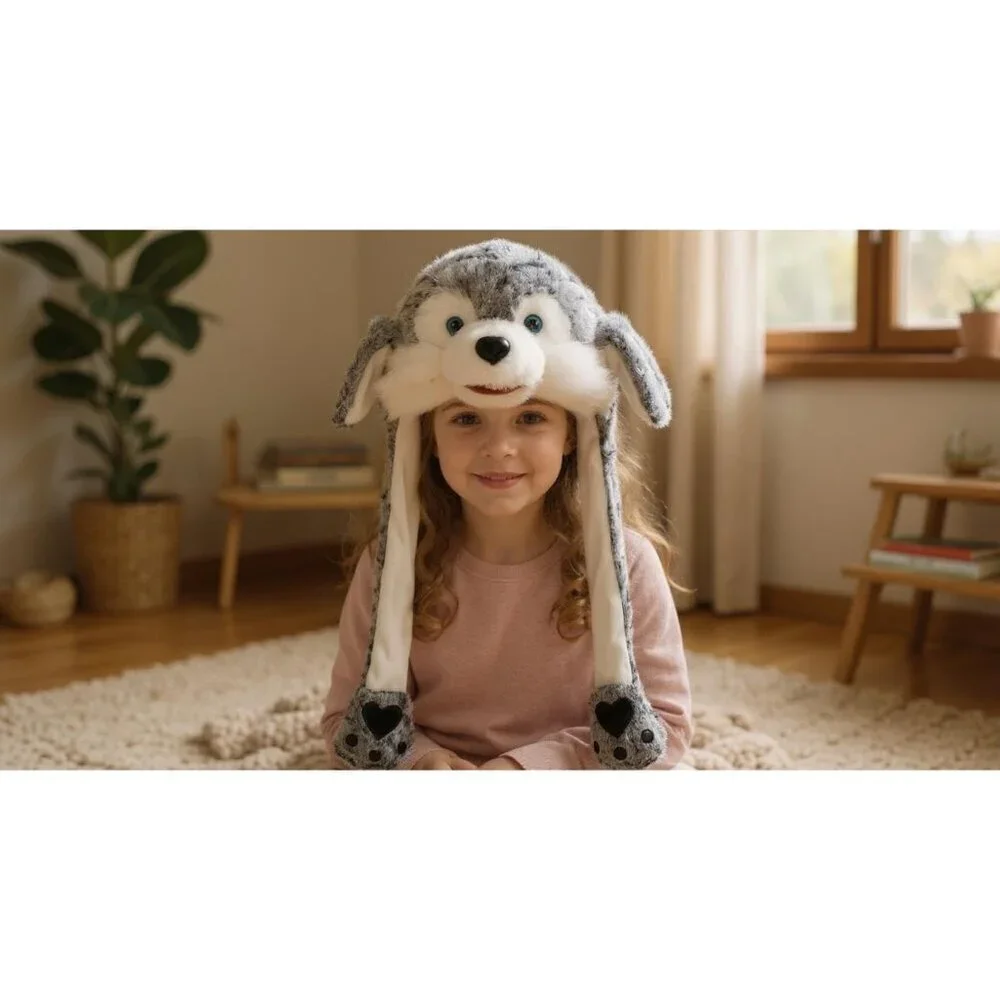 Kids Wolf Rainbow Animal Hat with Ears Moving Jumping Pop Up Beating Plush